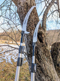 Photo showing the PS 35 Pro blade and the PS 33 P blade mounted on AT 4.5 and AT 3 telescopic poles, respectively.